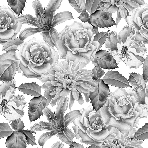 花と白黒のシームレスなパターン。ローズ。ユリ。菊。水彩. — ストック写真