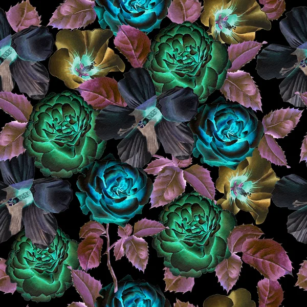 Nahtloses Muster mit Blumen auf schwarzem Hintergrund — Stockfoto