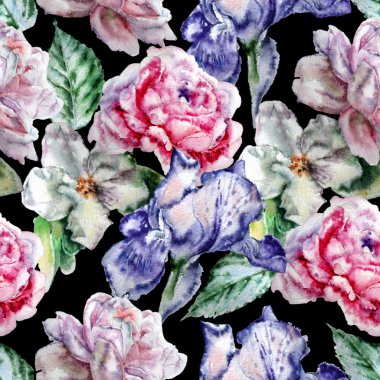 Çiçekler ile Seamless modeli. Rose. Çiçeği. Iris. Suluboya.