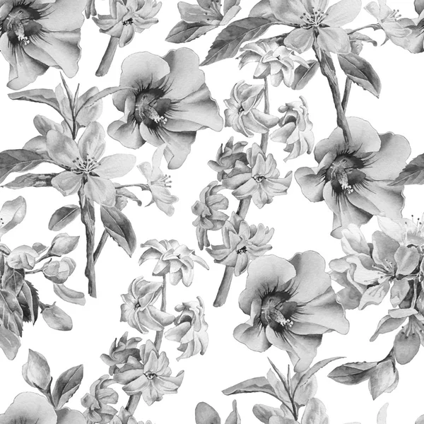 Monochrome seamless pattern with flowers. Blossom. Hyacinth. Watercolor. — Stock Photo, Image