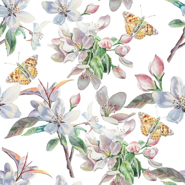 Çiçekler ve kelebekler ile Seamless modeli. Suluboya.