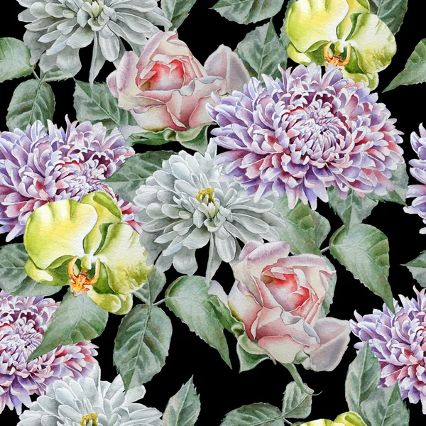 花のシームレスなパターン。ローズ。菊。蘭。水彩. — ストック写真