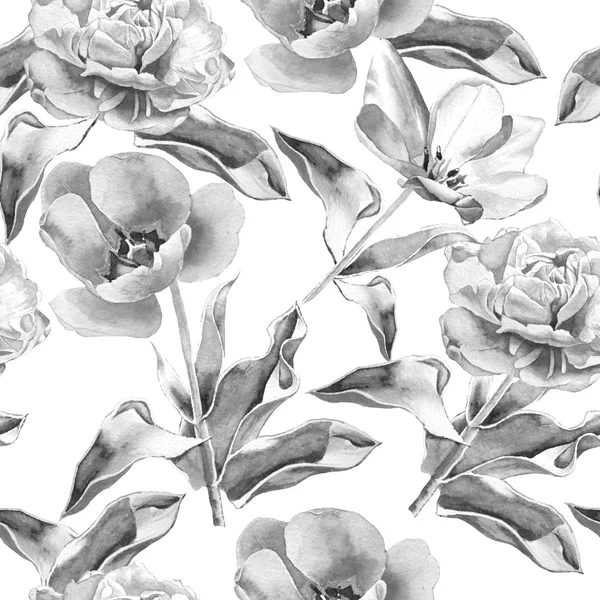 Monochrome seamless pattern  with tulips. Watercolor. — Stock Photo, Image