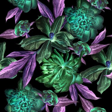 Bahar çiçekleri ile Seamless modeli. Şakayık. Akasma. Suluboya.