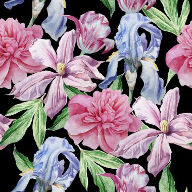 Bahar çiçekleri ile Seamless modeli. Şakayık. Akasma. Lale. Iris. Suluboya.