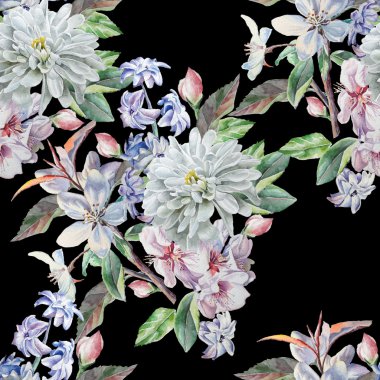 Bahar çiçekleri ile Seamless modeli. Krizantem. Sümbül. Çiçeği. Suluboya.