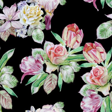 Bahar çiçekleri ile Seamless modeli. Rose. Sümbül. Akasma. Iris. Lale. Suluboya.