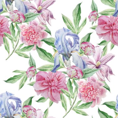 Bahar çiçekleri ile Seamless modeli. Iris. Şakayık. Akasma. Suluboya.