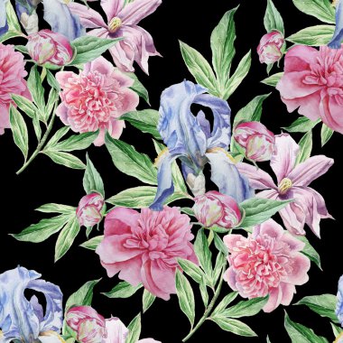 Bahar çiçekleri ile Seamless modeli. Iris. Şakayık. Akasma. Suluboya.