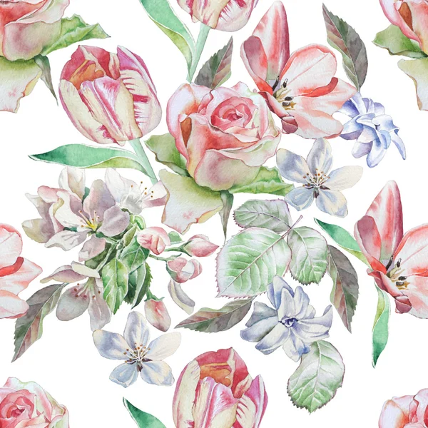 Seamless pattern with spring flowers. Rose. Tulip. Hyacinth. Watercolor. — Stock Photo, Image