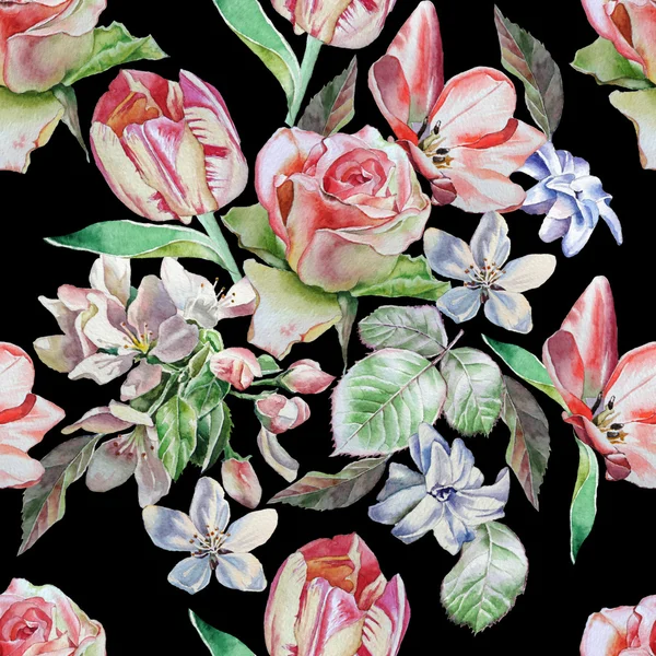 Seamless pattern with spring flowers. Rose. Tulip. Hyacinth. Watercolor. — Stock Photo, Image