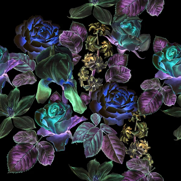 Seamless mönster med vårblommor. Rose. Clematis. Tulip. Hyacint. Iris. Akvarell. — Stockfoto