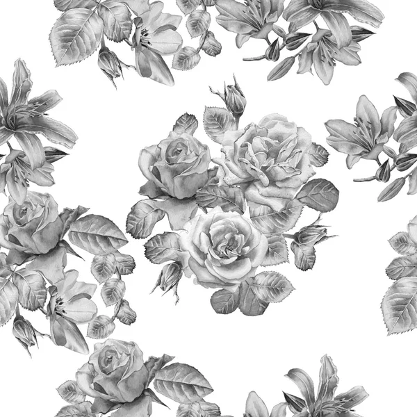 Monochrome seamless pattern with spring flowers. Rose. Tulip. Lilia. Watercolor. — Stock Photo, Image