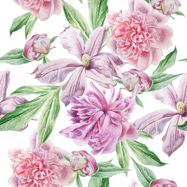 Seamless pattern with spring flowers. Peony. Clematis. Watercolor. — Stock Photo, Image