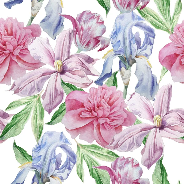 Modello senza cuciture con fiori primaverili. Peonia. Clematide. Tulipano. Iris. Acquerello . — Foto Stock