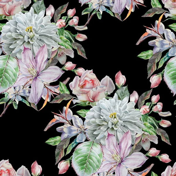 Patrón sin costuras con flores de primavera. ¡Rose! Crisantemo. Clematis. Acuarela . —  Fotos de Stock