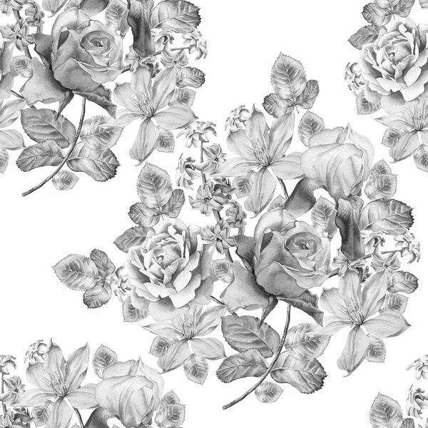 Monochrome seamless pattern with spring flowers. Rose. Iris. Hyacinth. Clematis. Watercolor. — Stock Photo, Image