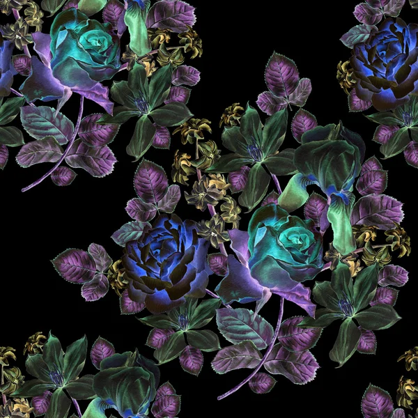 Wzór z wiosennych kwiatów. Rose. Iris. Hiacynt. Clematis. Akwarela. — Zdjęcie stockowe