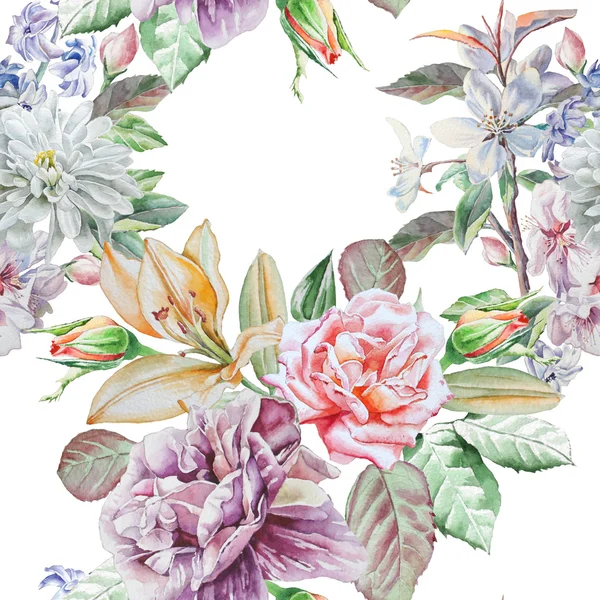 Varrat nélküli mintát a tavaszi virágok. Rose. Bazsarózsa. Lilia. Blossom. Jácint. Akvarell. — Stock Fotó