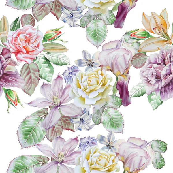 Seamless pattern with spring flowers. Rose. Peony. Lilia. Iris. Clematis. Hyacinth. Watercolor. — Stock Photo, Image