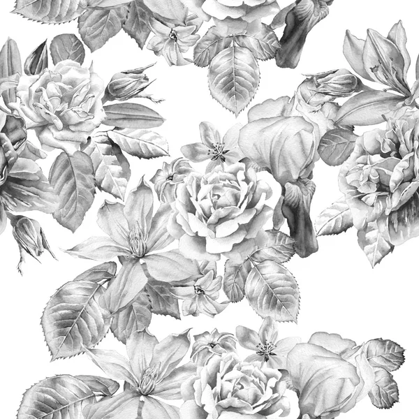 Monochrome seamless pattern with spring flowers. Rose. Peony. Lilia. Iris. Clematis. Hyacinth. Watercolor. — Stock Photo, Image