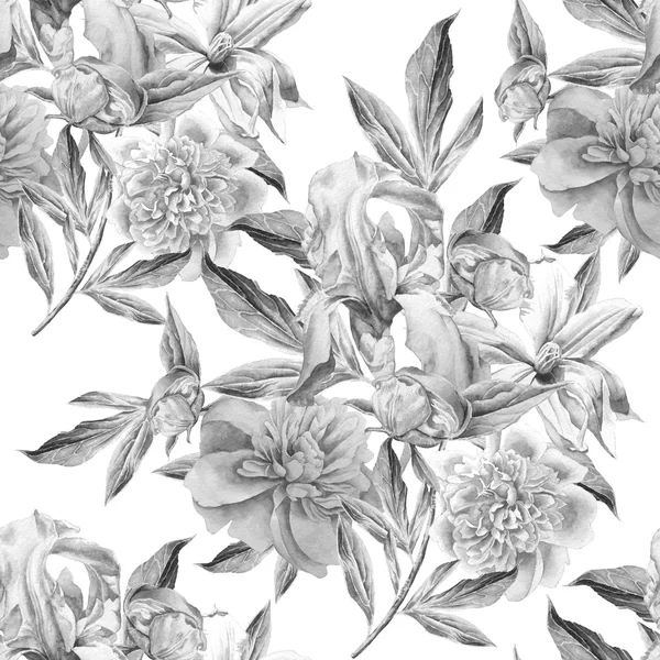 Monochrome seamless pattern with spring flowers. Iris. Peony. Clematis. Watercolor. — Stock Photo, Image