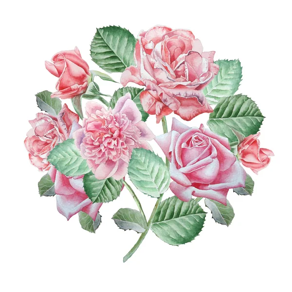 Blommig kort med vårblommor. Rose. Akvarell illustration. — Stockfoto