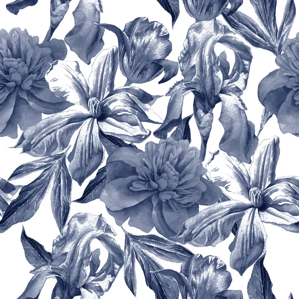 Varrat nélküli mintát a tavaszi virágok. Bazsarózsa. Iszalag. Tulipán. Iris. Akvarell. — Stock Fotó