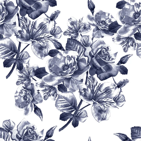 Varrat nélküli mintát virágokkal. Alstroemeria. Rose. Akvarell. — Stock Fotó