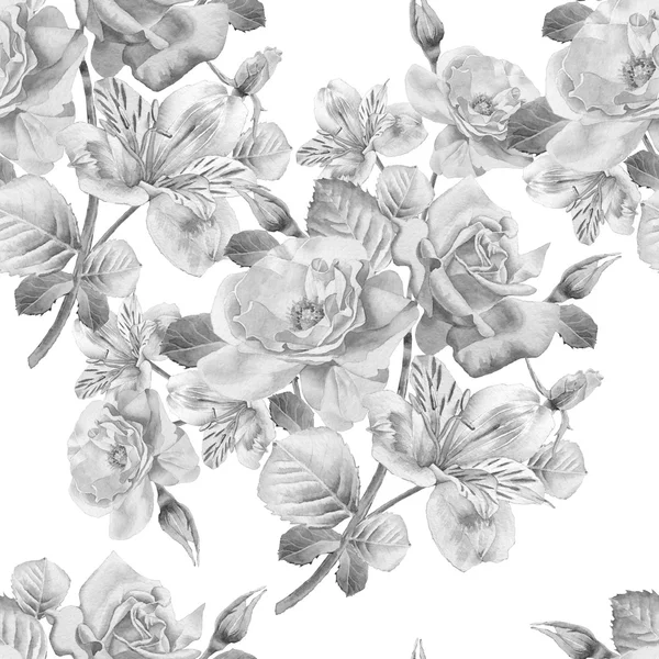 Monochrome seamless pattern with flowers. Alstroemeria. Rose. Watercolor. — Stock Photo, Image