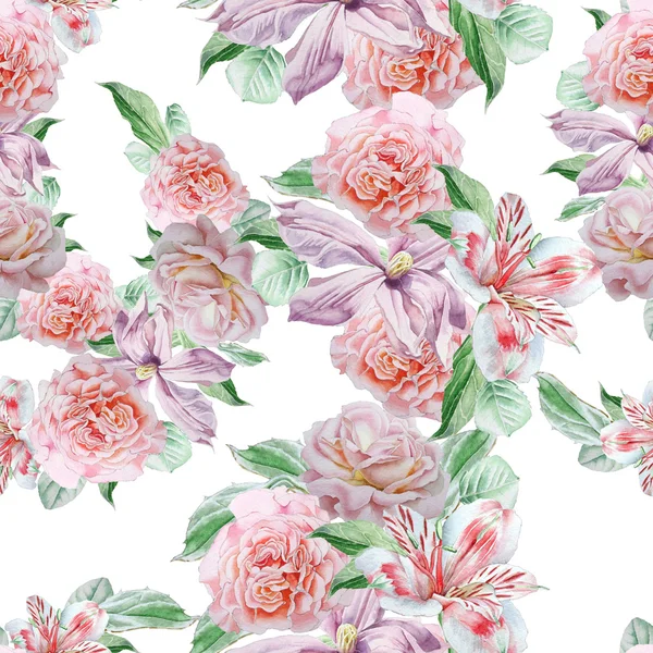 Seamless pattern with flowers. Alstroemeria. Rose. Clematis. Watercolor. — Stock Photo, Image