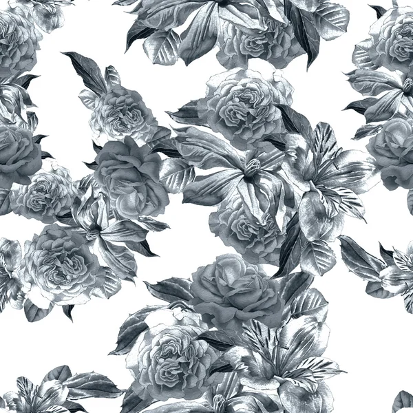 Naadloze patroon met bloemen. Alstroemeria. Rose. Clematis. Aquarel. — Stockfoto