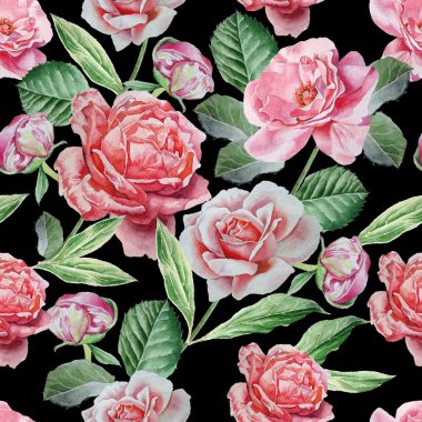 Kırmızı gül ile Seamless modeli. Suluboya resim.