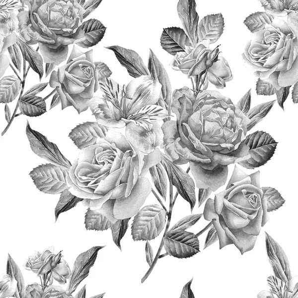 单色无缝图案与鲜花。六出。玫瑰。水彩. — 图库照片