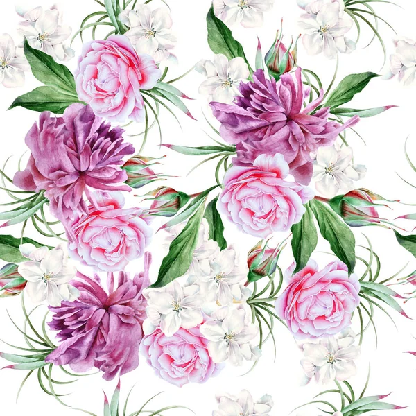 Patrón Brillante Sin Costuras Con Flores Peonía Rose Dibujado Mano —  Fotos de Stock