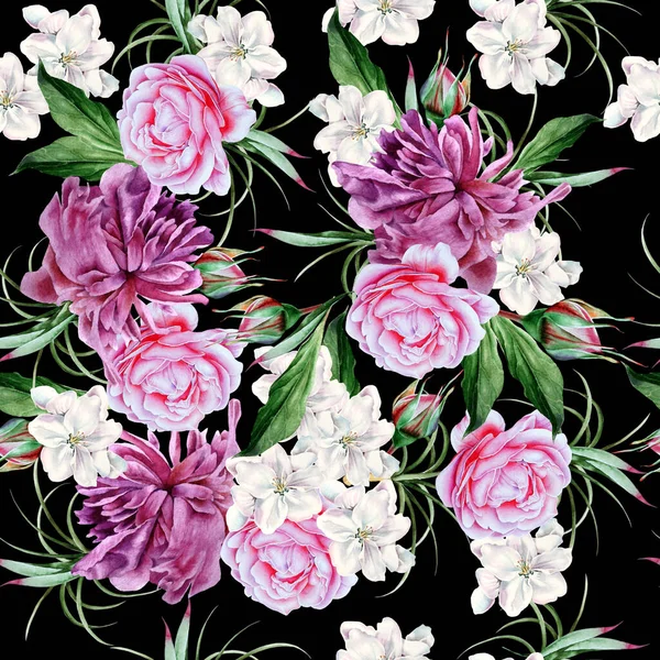 Bright Seamless Pattern Flowers Peony Rose Hand Drawn — Stock Photo, Image