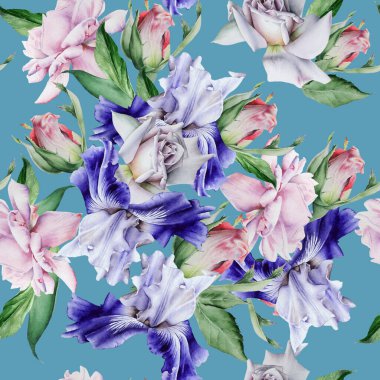 Çiçekli parlak, pürüzsüz bir desen. İris. Gül. El çizimi.