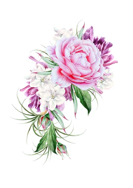 Buquê Aquarela Com Flores Rose Peony Ilustração Desenhado Mão — Fotografia de Stock