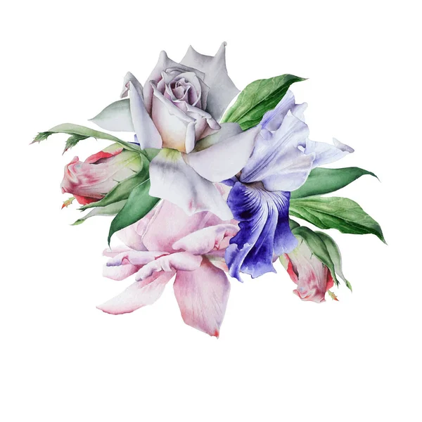 Buquê Aquarela Com Flores Rose Íris Ilustração Desenhado Mão — Fotografia de Stock