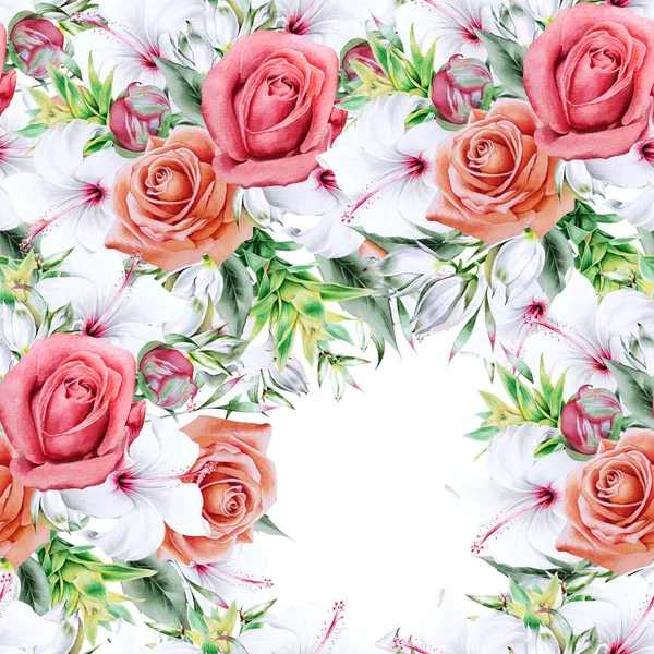 花と明るいシームレスなパターン ペニー ハイビスカス ブロメリアド 手描き — ストック写真