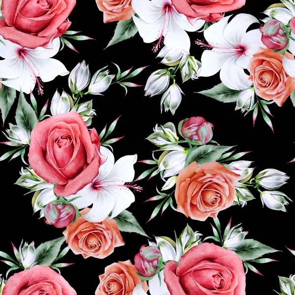 Bright seamless pattern with flowers. Peony. Hibiscus. Yucca. Hand drawn.