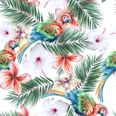 Papağanlar ve çiçeklerle parlak, pürüzsüz bir desen. Hibiscus. Avuç içi. Suluboya çizimi. El çizimi.