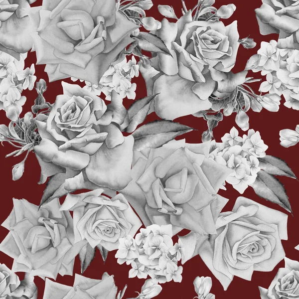 Monochromatyczny Bezszwowy Wzór Kwiatami Róża Ilustracja Akwarela Ręcznie Rysowane — Zdjęcie stockowe