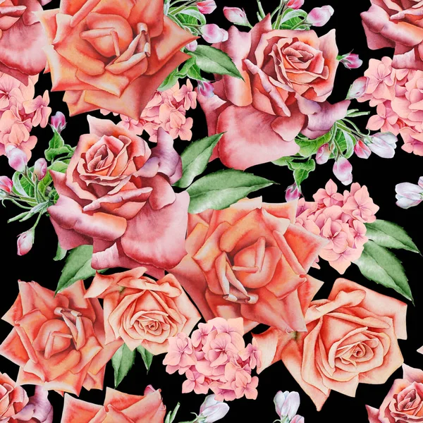 Bright Seamless Pattern Flowers Rose Watercolor Illustration Hand Drawn — Stock Photo, Image