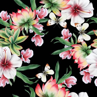 Çiçekli parlak, pürüzsüz bir desen. Hibiscus. Lotus. Kelebek. Suluboya çizimi. El çizimi.