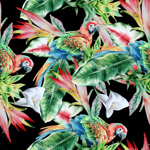 オウムや花と明るい熱帯シームレスなパターン ハイビスカス パームだ カーラ 水彩イラスト 手描き ロイヤリティフリーのストック写真