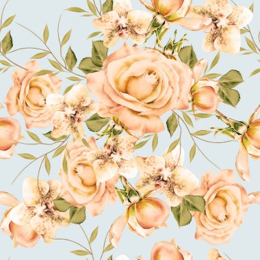 Çiçekli parlak, pürüzsüz bir desen. Gül. Orkide. Suluboya çizimi. El çizimi.