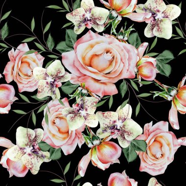 Çiçekli parlak, pürüzsüz bir desen. Gül. Orkide. Suluboya çizimi. El çizimi.