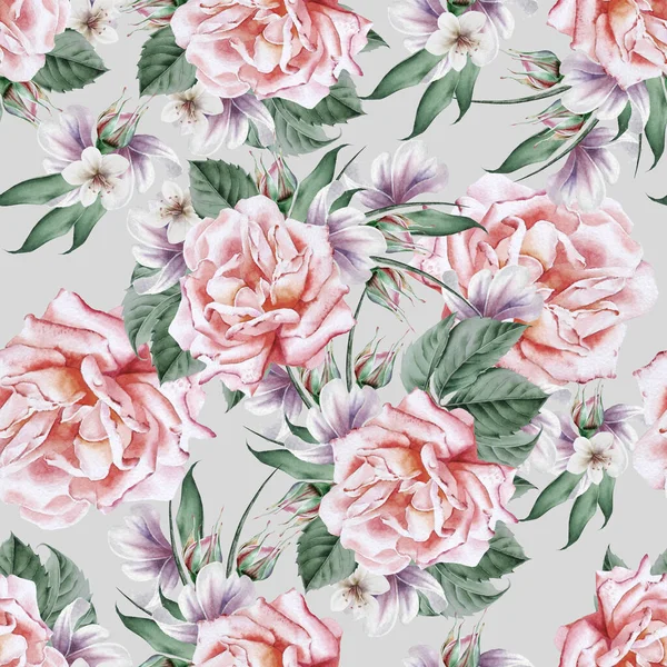 Bright Seamless Pattern Flowers Rose Watercolor Illustration Hand Drawn — Stock Photo, Image