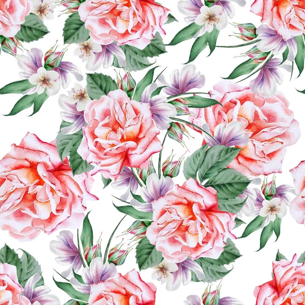 Bright Seamless Pattern Flowers Rose Watercolor Illustration Hand Drawn — Stock Photo, Image